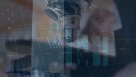 Animation of graphs, loading circles, close up of microscope against caucasian Video stock 330179673