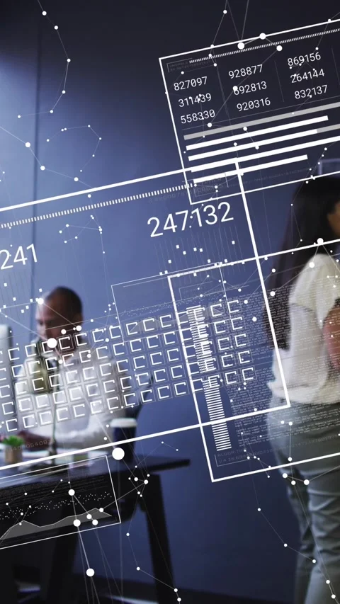 Animation of graphs, loading squares and connected dots, diverse coworkers Stock Footage 344706506