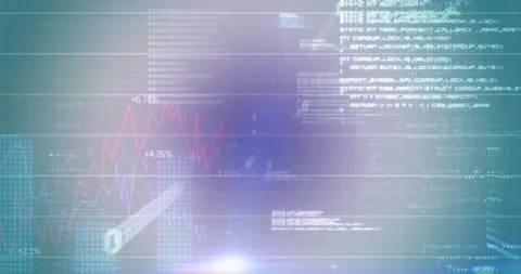 Animation of graphs with looping binary codes over computer language against Stock Footage 242649731