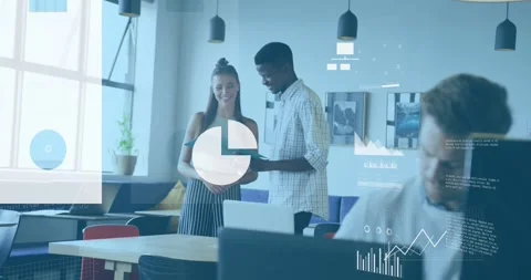 Animation of graphs, map, cloud in laptop over diverse coworkers discussing Video stock 247690527
