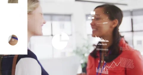 Animation of graphs, map, cloud in laptop, flowchart, diverse female coworkers Video stock 253636048
