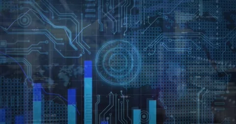 Animation of graphs, map, computer language and circuit board pattern over Stock Footage 250951839
