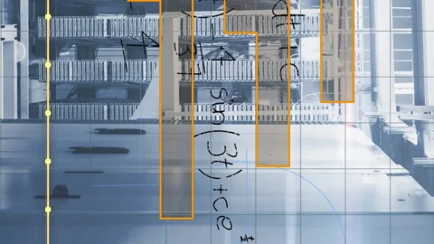 Animation of graphs, math formulas and lights over servers Stock Footage 312323249