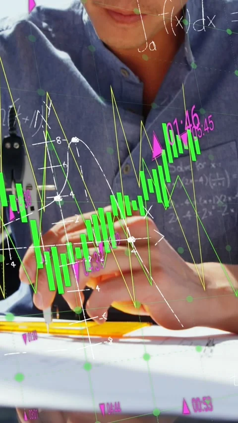 Animation of graphs, mathematical equation, asian architect working on blueprint Stock Footage 344783594
