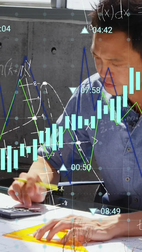 Animation of graphs, mathematical equations, asian architect using calculator, Stock Footage 344803290
