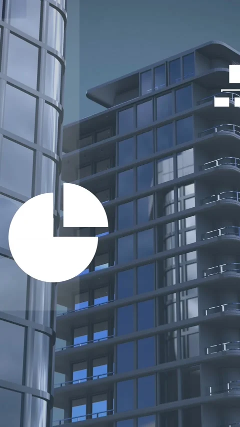 Animation of graphs, multiple icons and map over modern buildings against sky Stock Footage 344723262