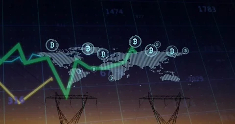 Animation of graphs with numbers and bitcoin icons over map against transmission Stock Footage 330288123