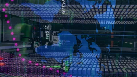 Animation of graphs, numbers and map over server racks and equipment in Vídeos de archivo 312726943