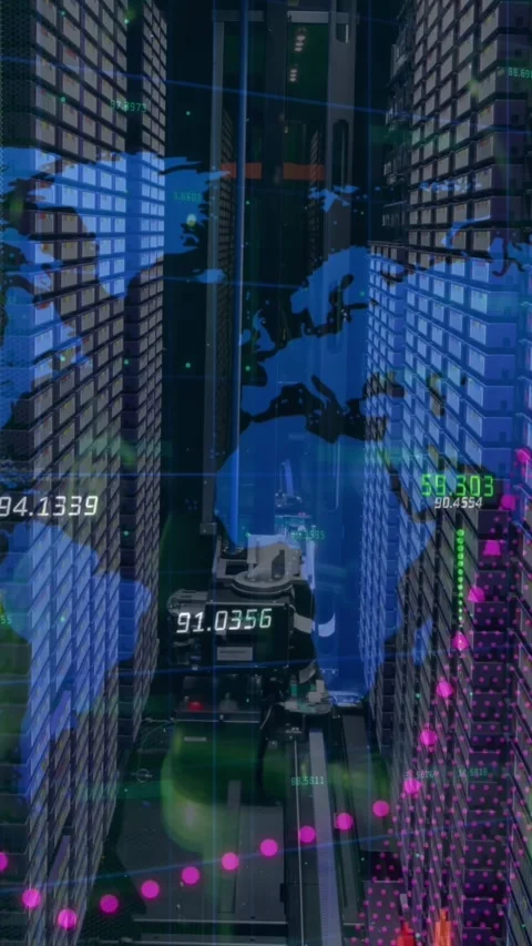 Animation of graphs, numbers and map over server racks and equipment in Stock Footage 321513414