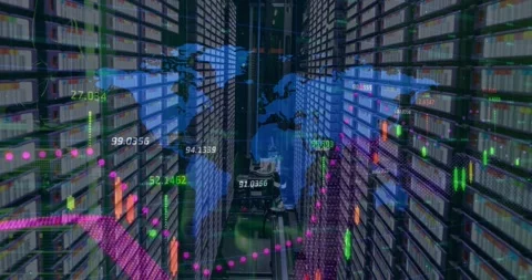 Animation of graphs, numbers and map over server racks and equipment in Stock Footage 328154831