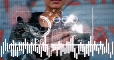 Animation of graphs, numbers and programming language over midsection of Stock Footage 330179090
