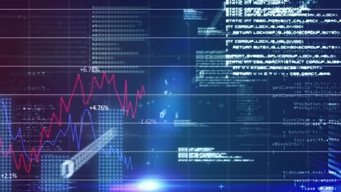 Animation of graphs, numbers, binary codes, lens flares, programming language on 스톡 동영상 327900481