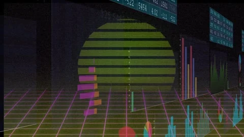 Animation of graphs, numbers charts over grid pattern against sun on black Stock Footage 247965540