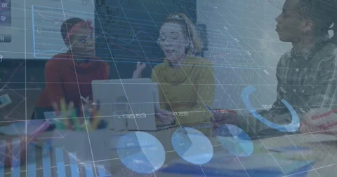 Animation of graphs, numbers, loading circles, diverse coworkers discussing Stock Footage 329771963