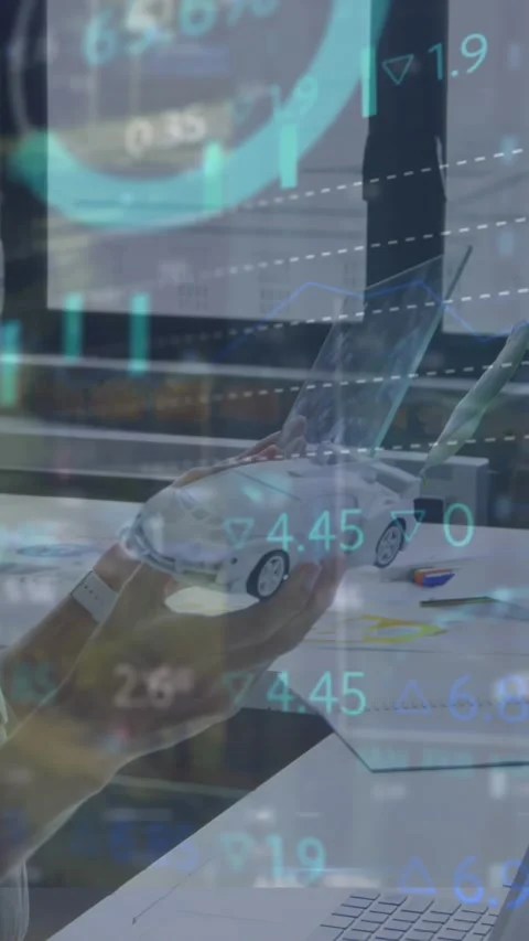 Animation of graphs, numbers, loading circles over caucasian woman examining Stock Footage 344524750