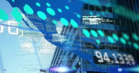 Animation of graphs with numbers over computer language against low angle view Stock Footage 329972153