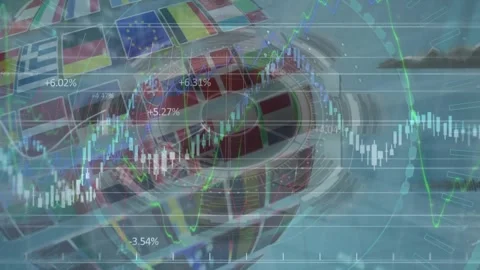 Animation of graphs, numbers over multiple nation flags forming globe against 스톡 동영상 325962912