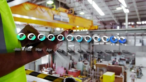 Animation of graphs over caucaian man with tablet in factory Stock Footage 328593444