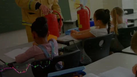 Animation of graphs over diverse firefighter teaching students how to use Stock Footage 328083683