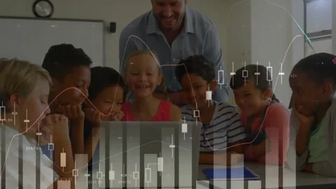Animation of graphs over diverse male teacher and students watching educational Stock Footage 330776536