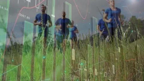 Animation of graphs over diverse men training outdoors Stock Footage 201595340
