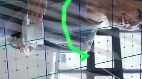 Animation of graphs over grid pattern, diverse coworkers discussing during tea Stock Footage 313002231