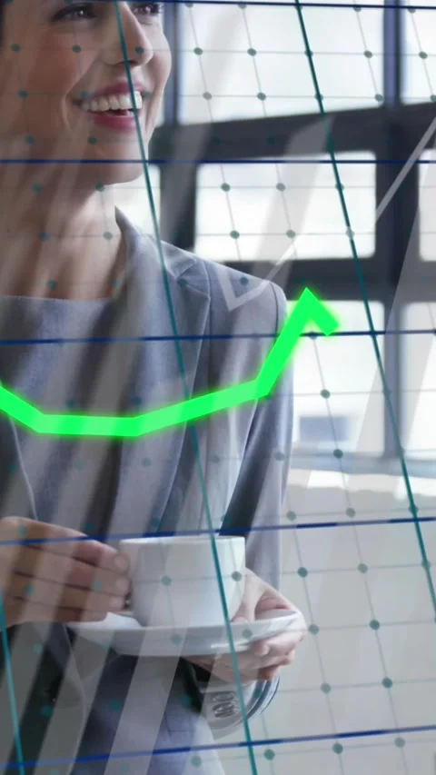Animation of graphs over grid pattern, diverse coworkers discussing during tea Stock Footage 321172306