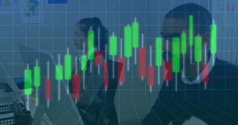 Animation of graphs over grid pattern against diverse coworkers working on Stock Footage 328087674
