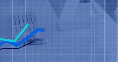 Animation of graphs over grid pattern against keyboard and computer on desk in Stock Footage 328257235