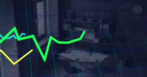 Animation of graphs over grid pattern over high angle view of empty office Stock Footage 328303730