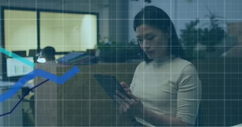 Animation of graphs over grid pattern against asian businesswoman using digital Stock Footage 328354582