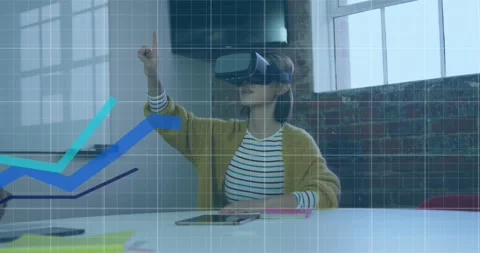 Animation of graphs over grid pattern over asian woman wearing vr headset and Stock Footage 330400190