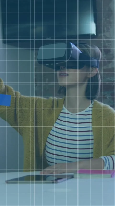 Animation of graphs over grid pattern over asian woman wearing vr headset and Stock Footage 343721240