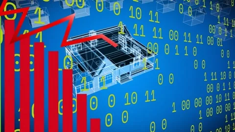 Animation of graphs over house models over blue background with binary code 動画素材 326874715