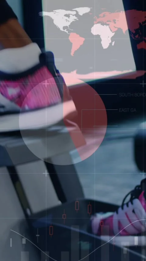 Animation of graphs over legs of african american woman exercising at stepper Stock Footage 343738440