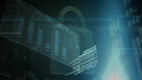 Animation of graphs over padlock over loading bars and computer language against Stock Footage 246530503