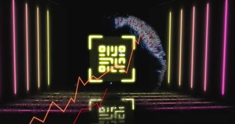 Animation of graphs over spinning globe and neon qr code scanner against black Video stock 330780052