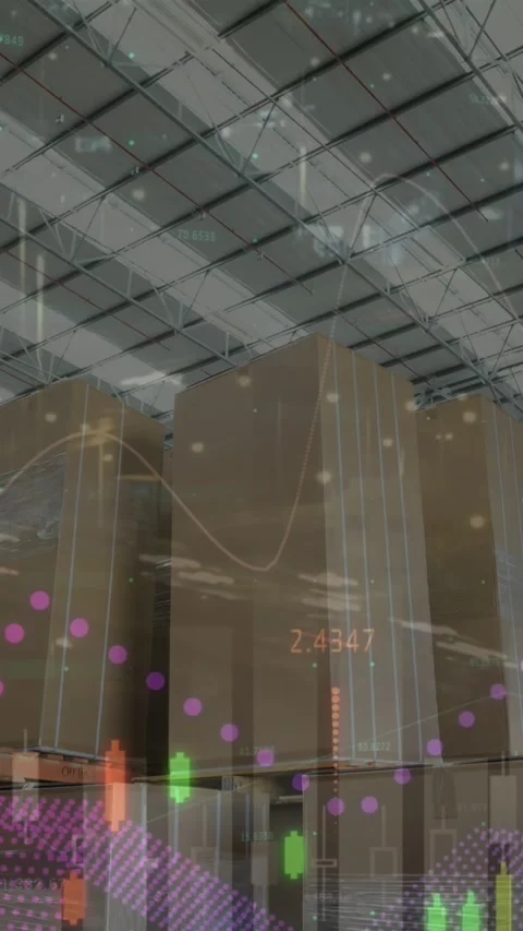 Animation of graphs over timelapse with road traffic and warehouse Stock Footage 343887607