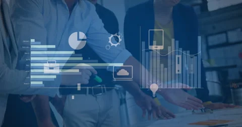 Animation of graphs processing data over diverse colleagues discussing documents Stock Footage 260983322
