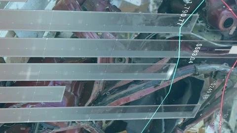 Animation of graphs processing data over metal waste in reclamation yard Stock Footage 313308514