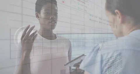 Animation of graphs processing data over diverse female colleagues talking at Stock Footage 329500008