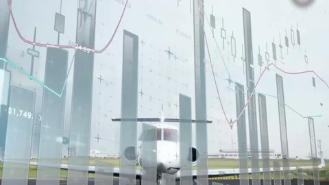 Animation of graphs processing data over private jet plane on runway Stock Footage 330342253