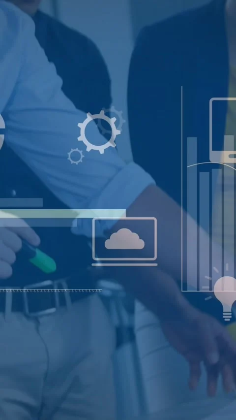 Animation of graphs processing data over diverse colleagues discussing documents Stock Footage 341927401