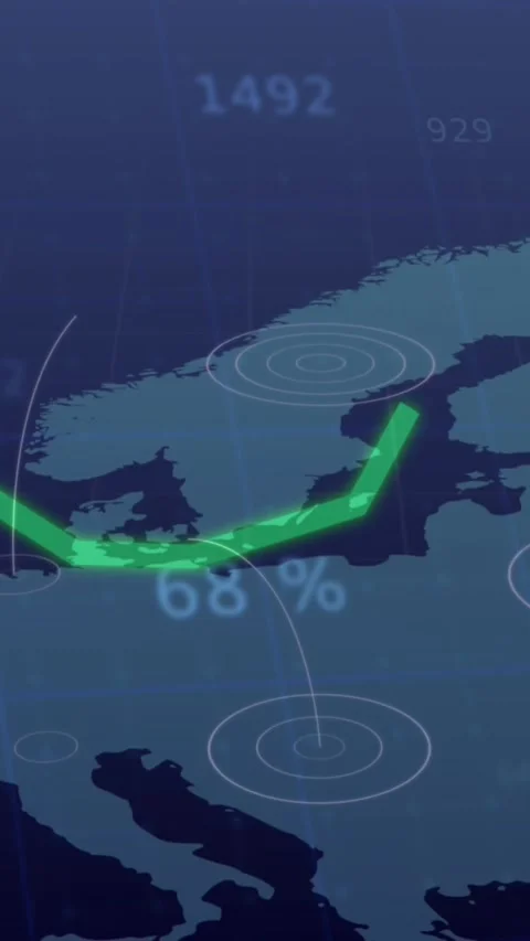 Animation of graphs processing data over map of europe and network hubs Stock Footage 344723592