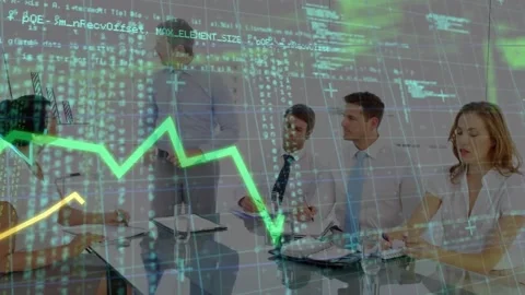 Animation of graphs, programming language, data, diverse coworkers discussing Vidéo 219085070