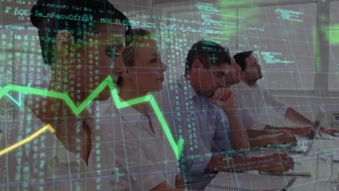 Animation of graphs, programming language, data over diverse coworkers clapping Stock Footage 327525527