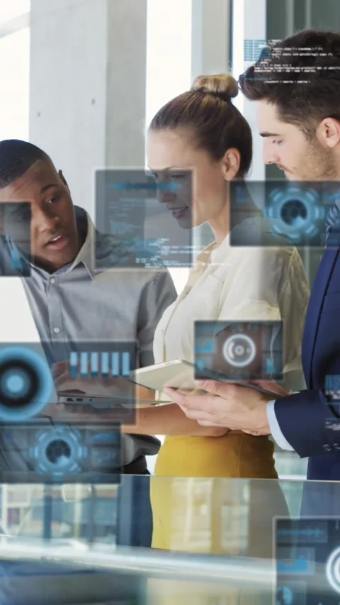 Animation of graphs, radar, computer language, diverse coworkers discussing Stock Footage 344723077