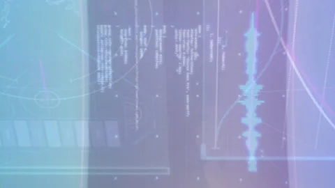 Animation of graphs, radar, globe in circle and computer language over abstract Stock Footage 312761716