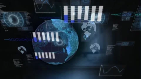 Animation of graphs, radars and computer language over globe against black Stock Footage 327646286