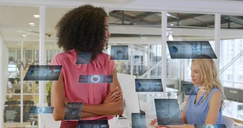 Animation of graphs, radars, computer language, diverse coworkers standing and Stock Footage 330288152